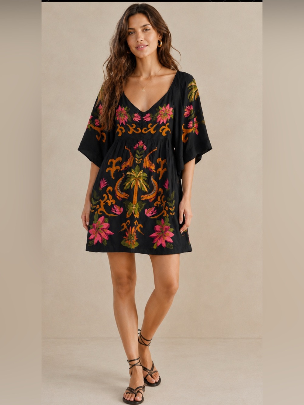 FARM Rio Black Mini Dress with Pink & Orange Tropical Embroidery